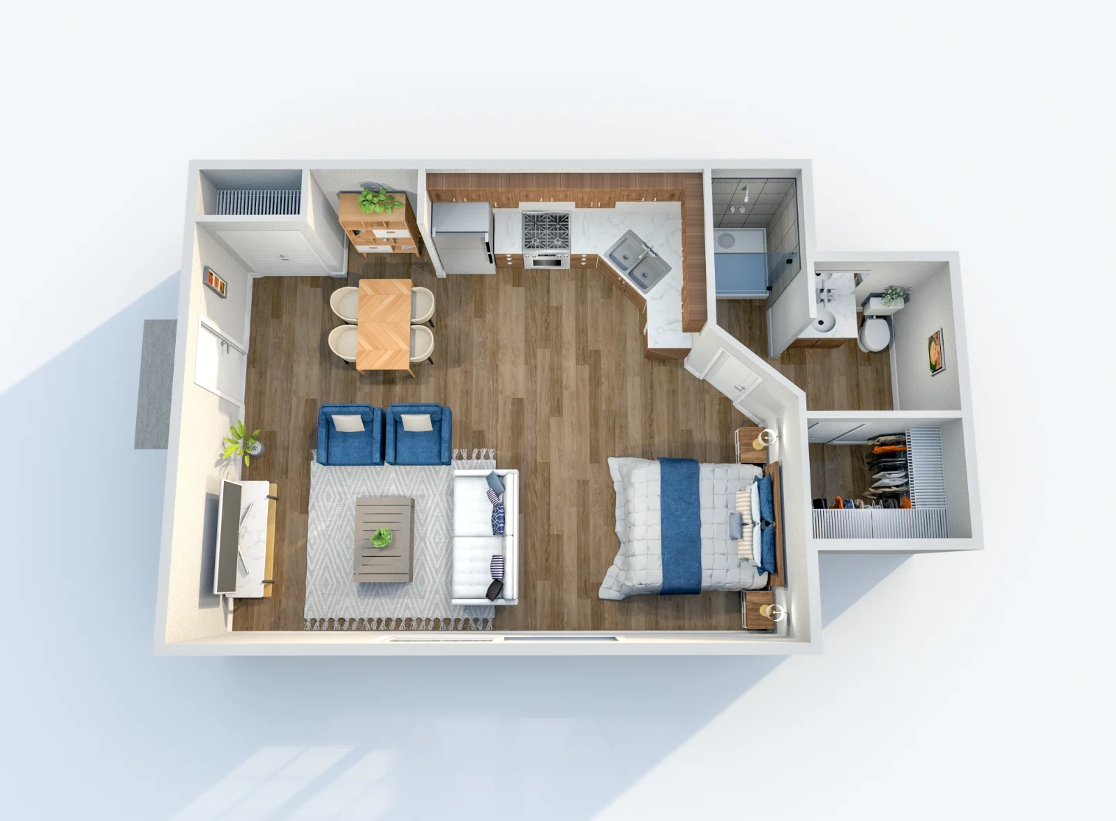 South and Madison — floor plan, Plan E2 · Studio · 1 bath · 681 sq ft